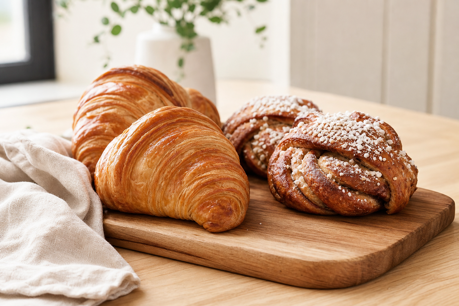 Wooden board with flaky butter croissants and sugar-dusted cinnamon buns beside a linen napkin