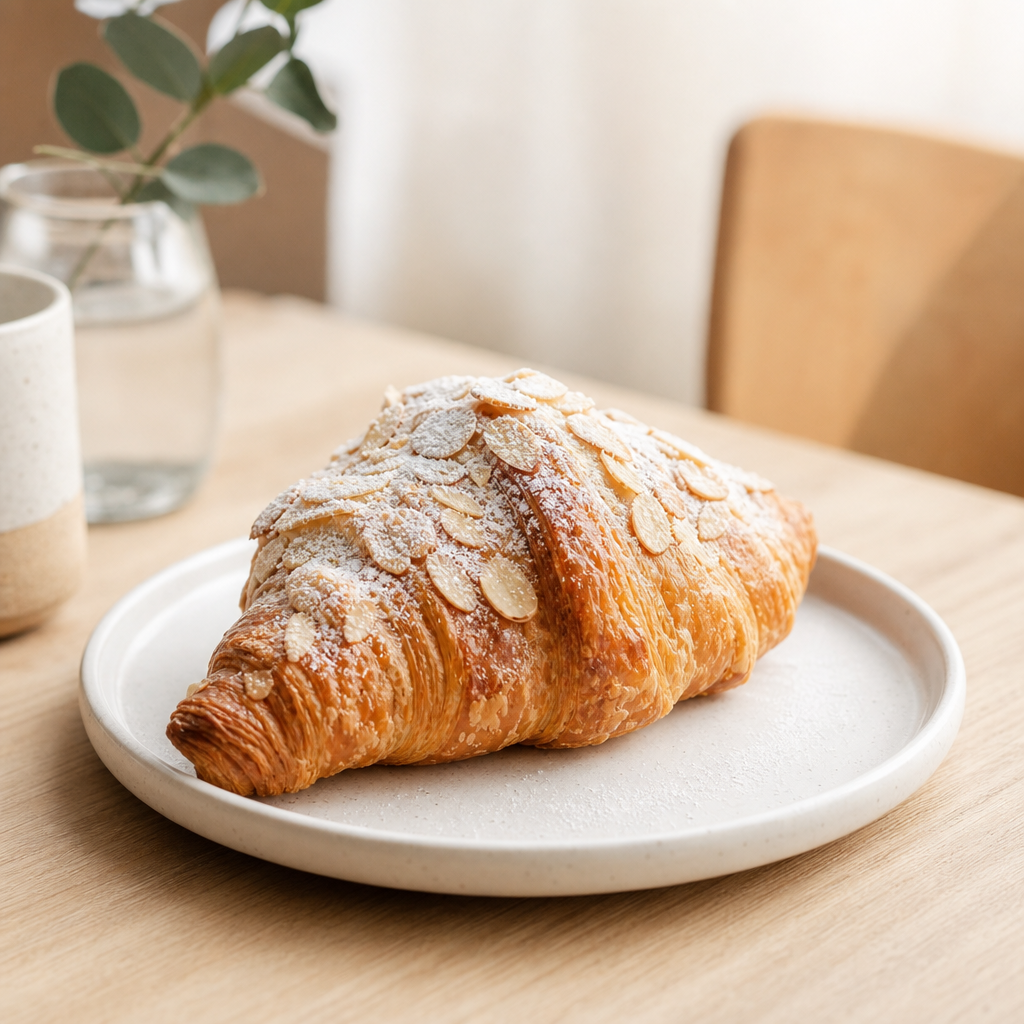 Flaky golden almond croissant dusted with powdered sugar on a white plate atop a light wood table