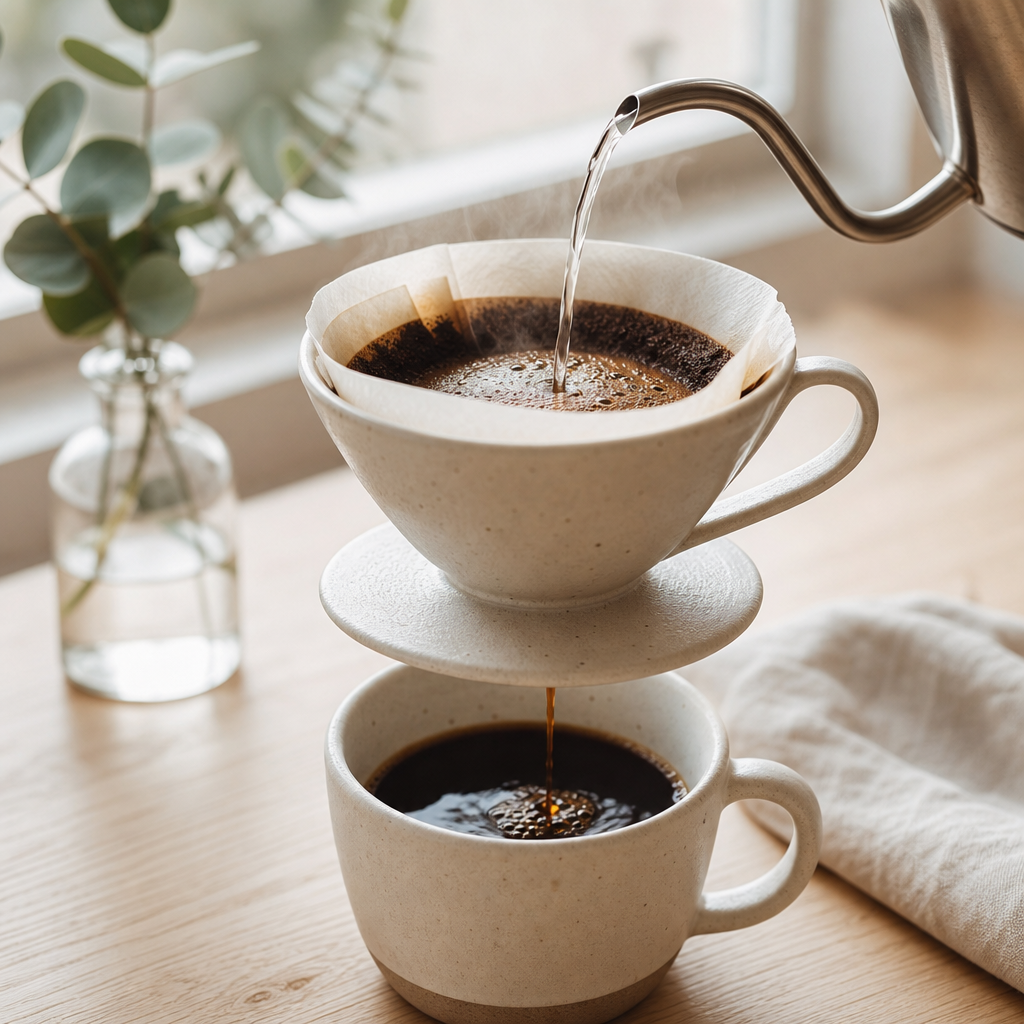 Close-up pour-over coffee dripping into a cup on a light wood table with steam rising