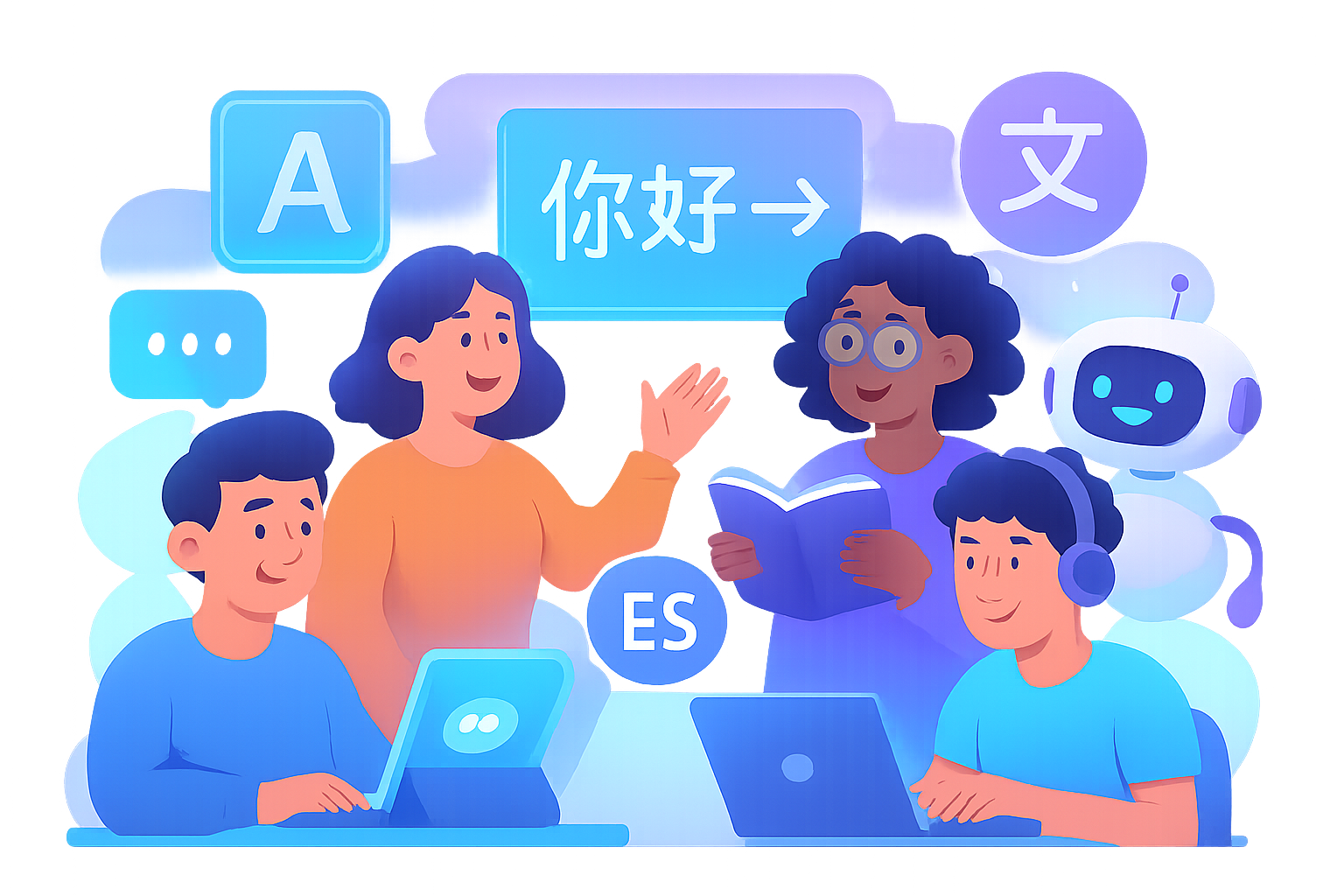 People learning languages with technology, diverse, futuristic, friendly, animated style