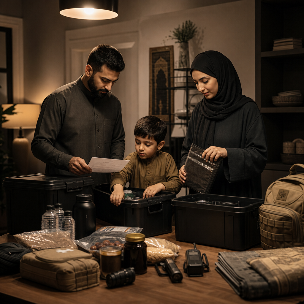Warm family-centered readiness moment with two parents and a child organizing emergency supplies and checklist at a dining table