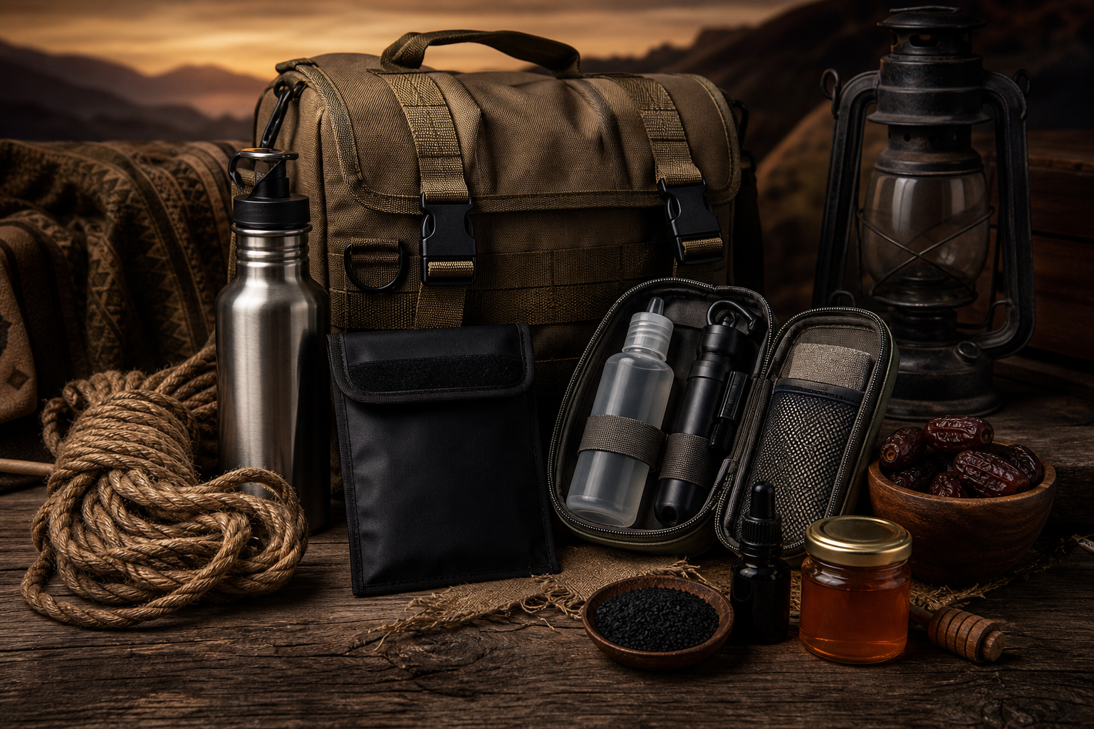Grounded heritage-style preparedness still life on a weathered wooden surface with canvas field bag, coiled rope, metal water filter bottle, Faraday pouch, portable hygiene tools, dates, raw honey jar, and black seed oil in warm low desert lighting