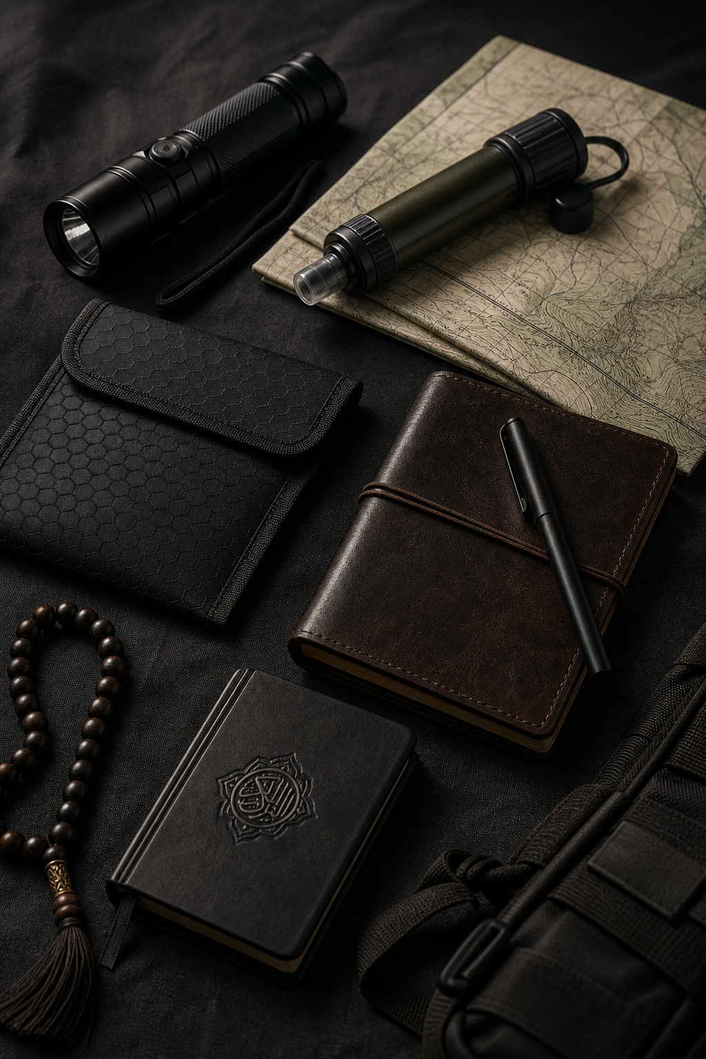 Editorial still life of preparedness field tools and faith journal arranged neatly on a dark textured surface