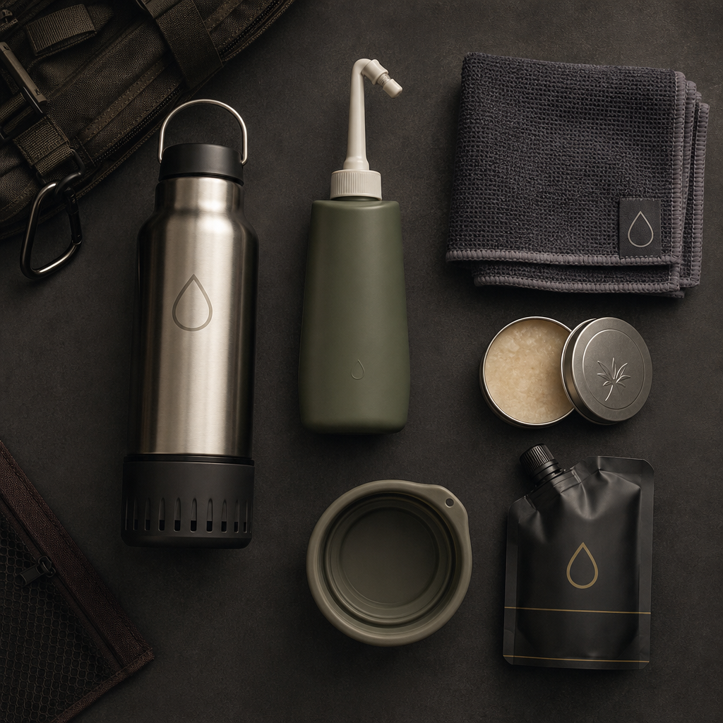 Small off-grid hygiene setup with a stainless water filter bottle, compact bidet bottle, soap bar tin, and folded hand towel arranged neatly