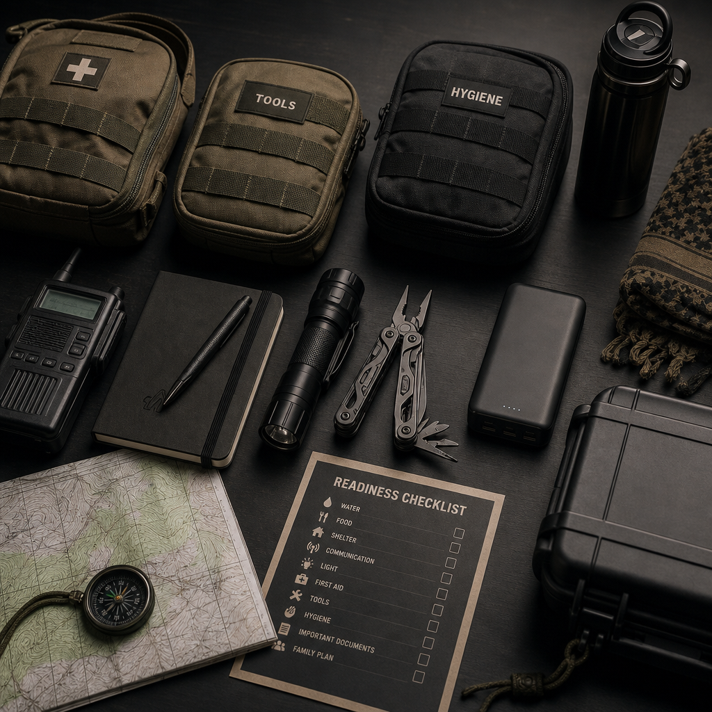 Compact field-ready preparedness kit with labeled pouches, flashlight, multitool, water bottles, and a folded checklist on a dark tabletop
