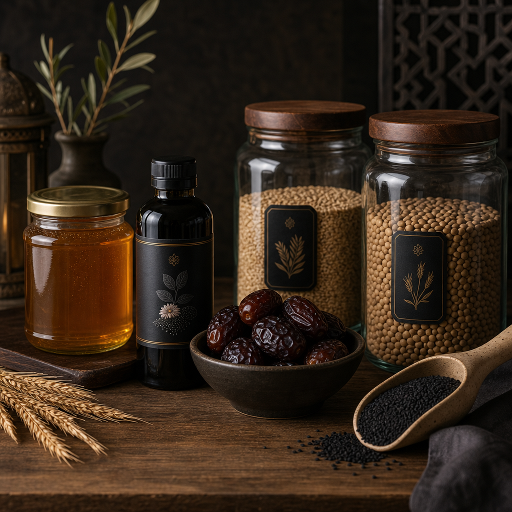 Curated sunnah pantry still life with amber honey jar, black seed bottle, dates in a ceramic bowl, and labeled glass storage jars on wood