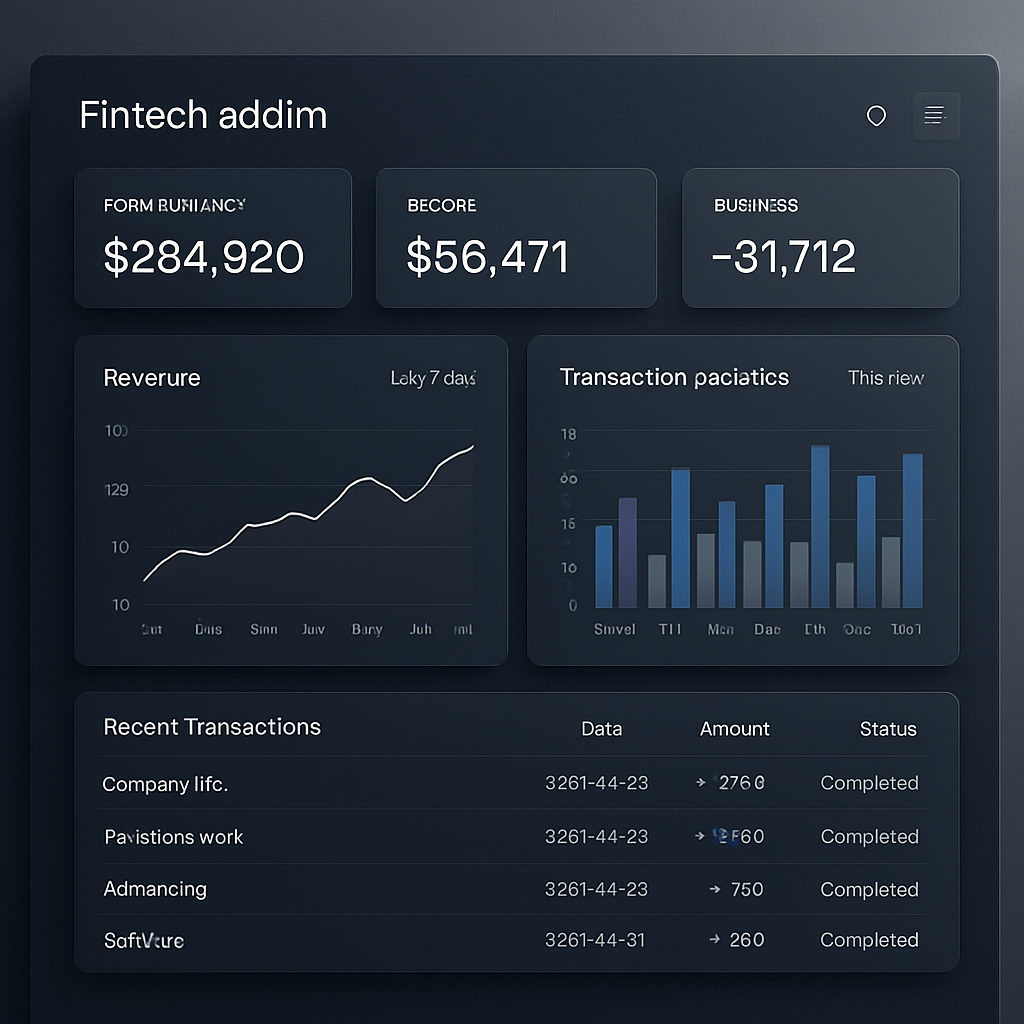Admin dashboard with revenue analytics charts and transaction stats