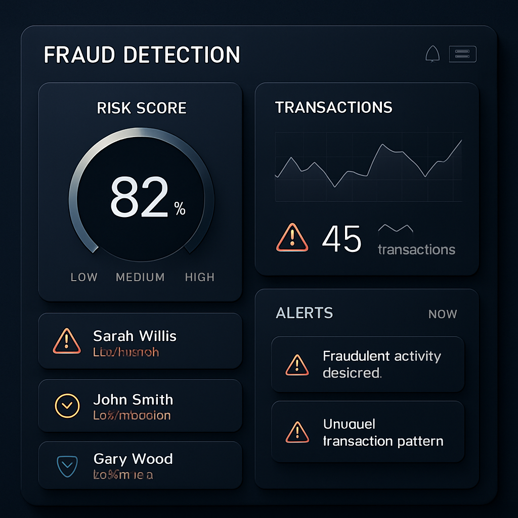 Fraud alerts and risk scoring interface with warning indicators