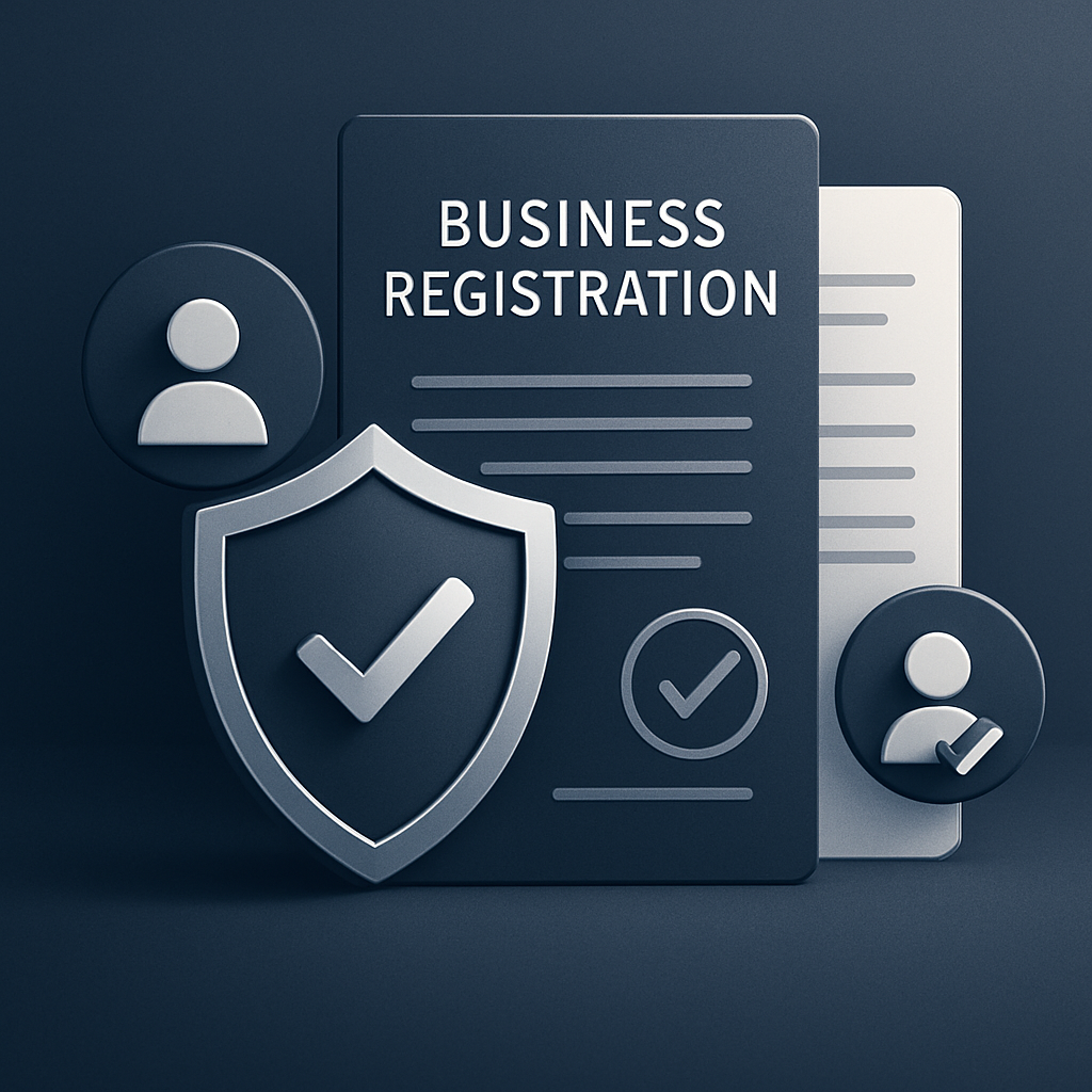 Illustration representing secure business registration and verification, with shield, documents, and user icons in a modern fintech style