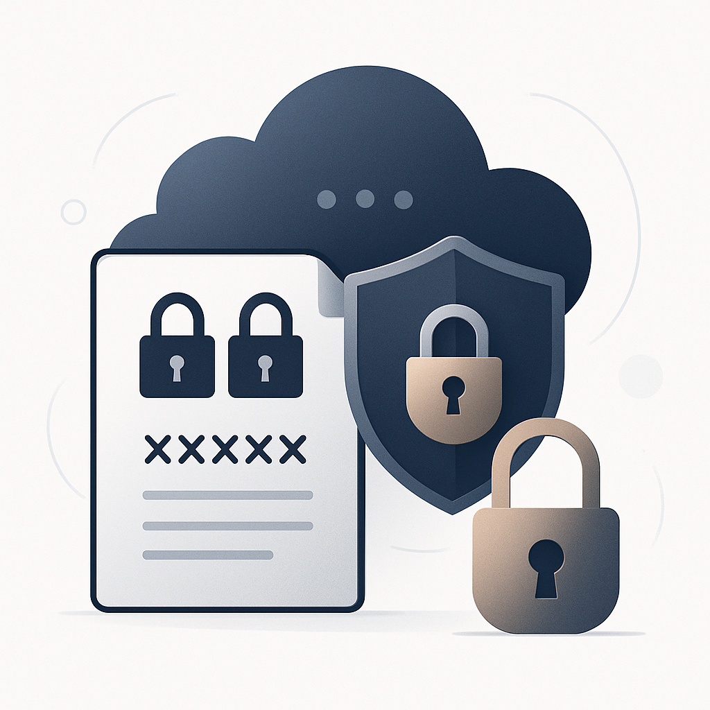 Visual representation of secure cloud storage with encrypted files, shield, and lock, in a modern fintech illustration style