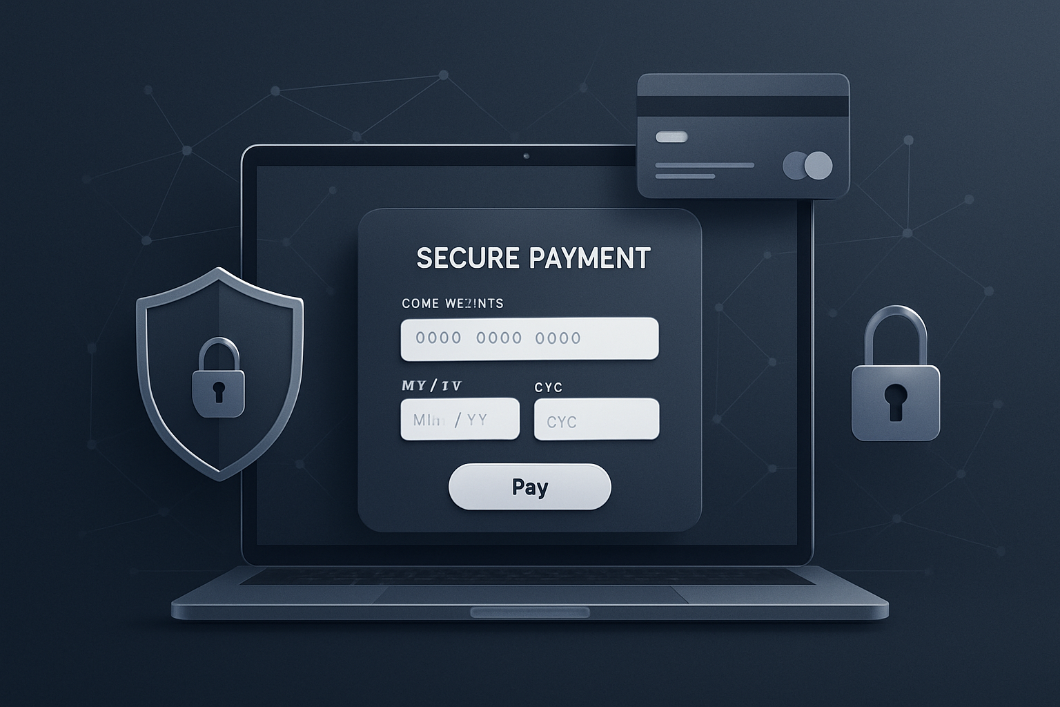 Modern fintech illustration showing a secure online payment form on a stylized laptop, with digital security icons, credit card elements, and sleek navy, gray, and white palette