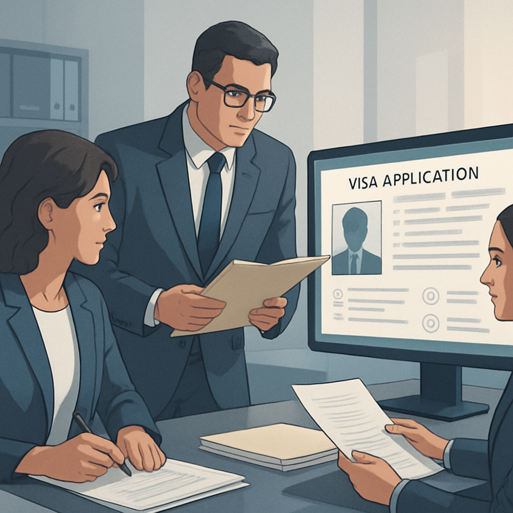 Professional administrators reviewing visa application files on a secure dashboard