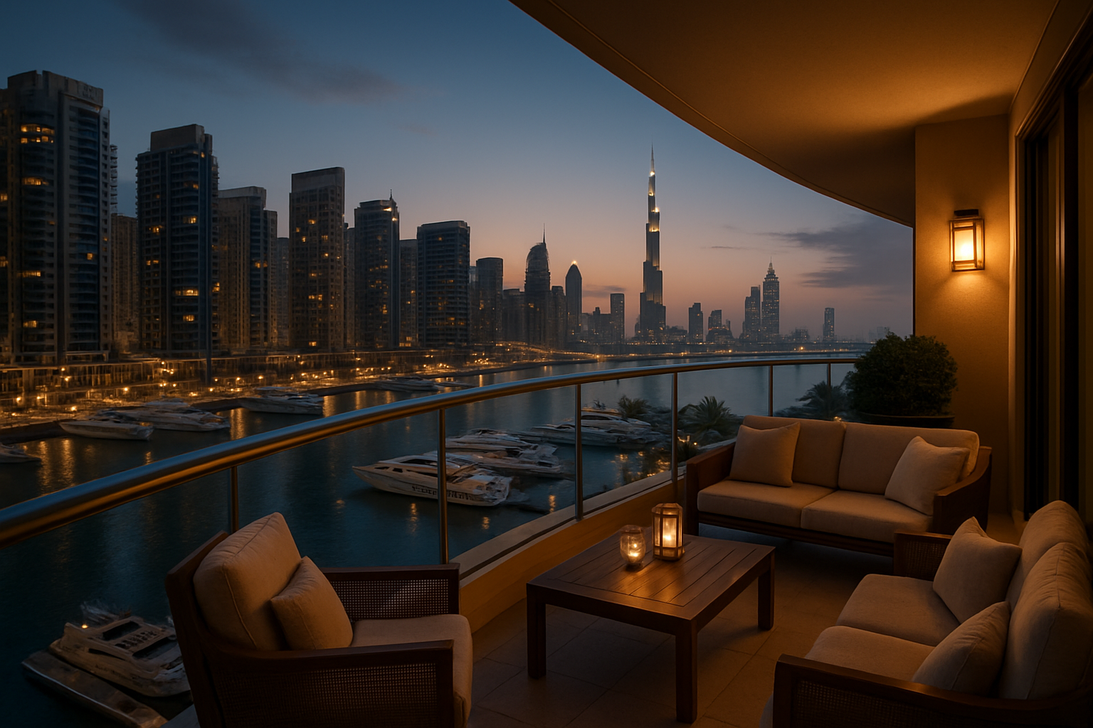 Balcony view of Dubai Marina and Downtown skyline at dusk