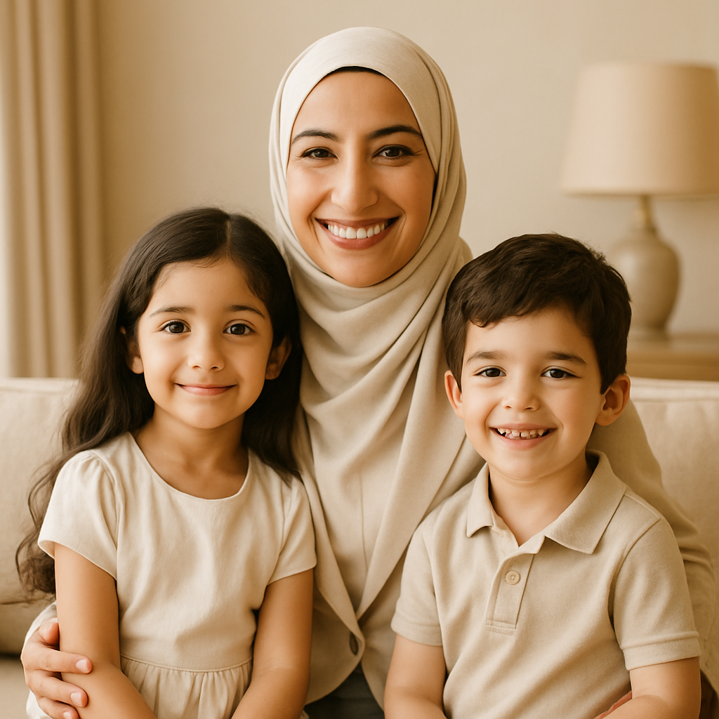 Smiling Middle Eastern mother with two children