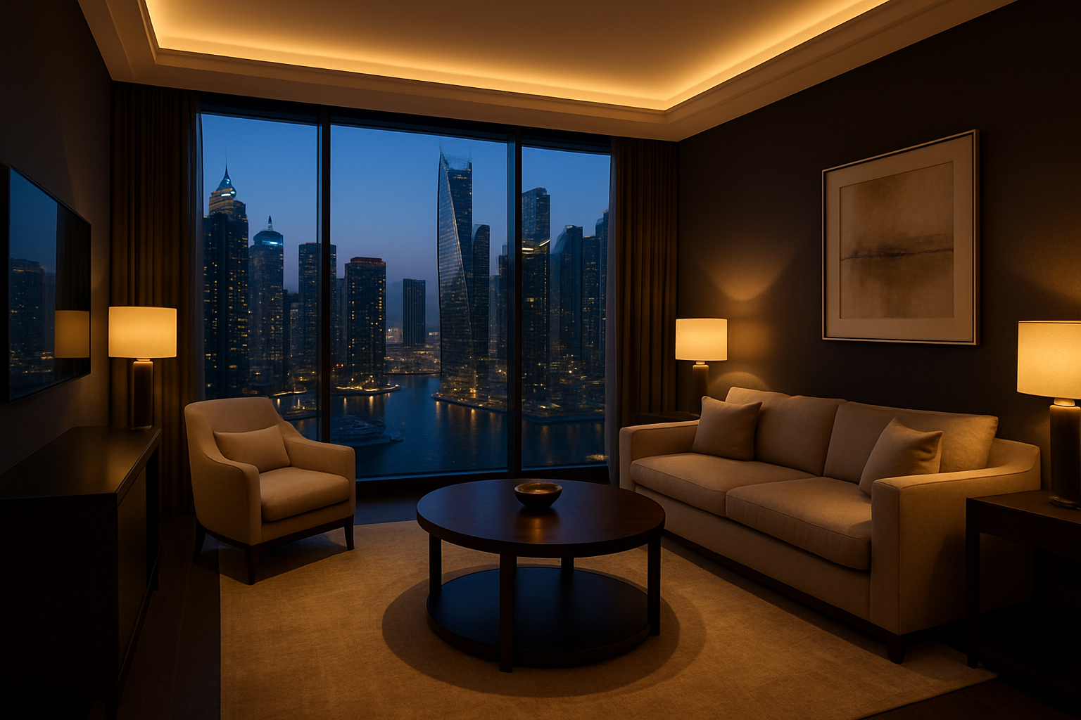 Elegant Dubai luxury suite with marina skyline view and refined interior styling