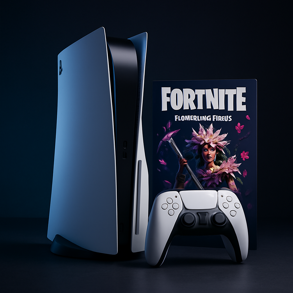 PlayStation 5 console with DualSense controller beside the Fortnite Flowering Chaos bundle artwork in a dark studio setup
