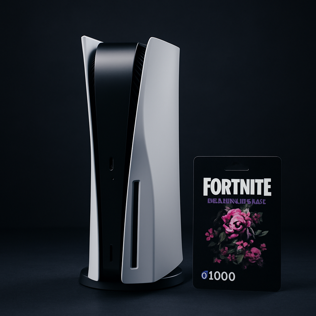 PlayStation 5 console with white matte panels and black core standing beside the Fortnite Flowering Chaos bundle card on a dark indigo studio surface