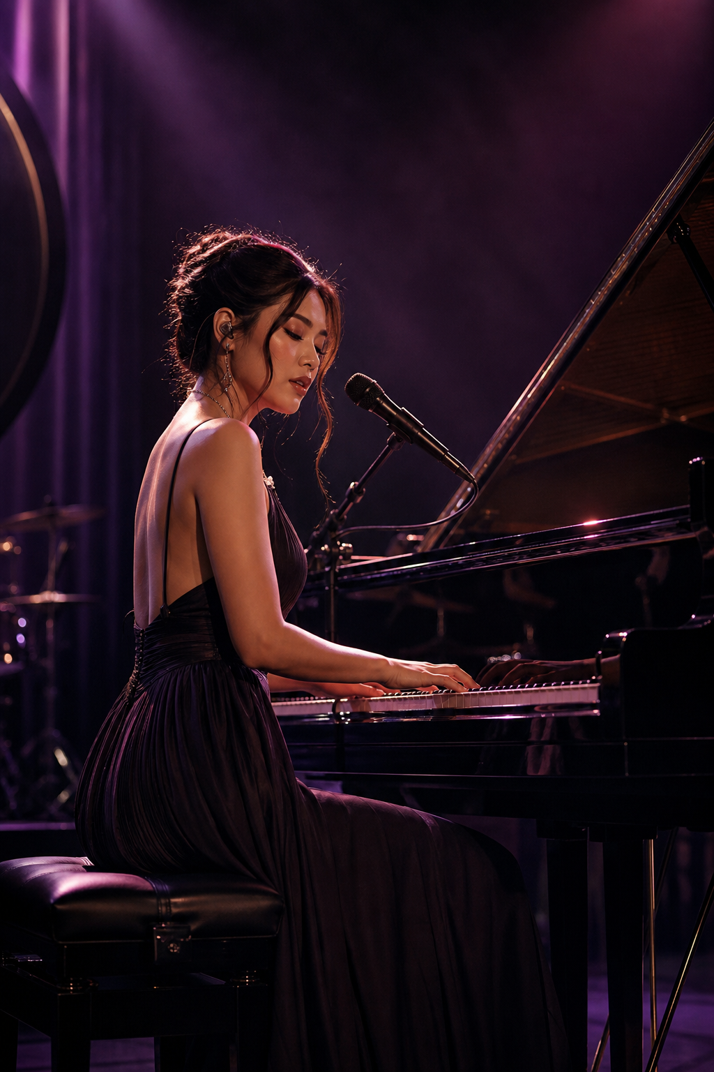 Mary Su performing at a grand piano under soft stage lights during an intimate Jakarta live set