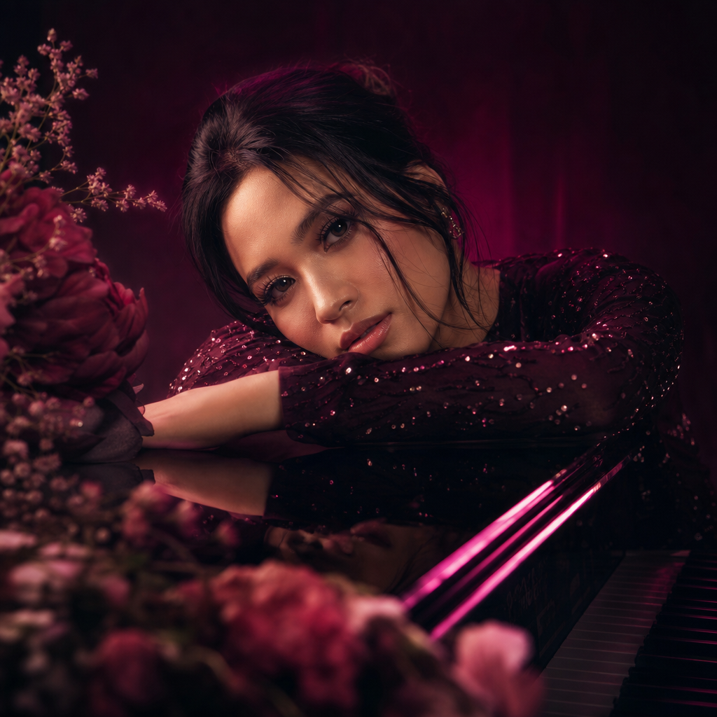 Dreamy square cover for LOVE with glossy magenta highlights, soft shadows, and intimate studio mood