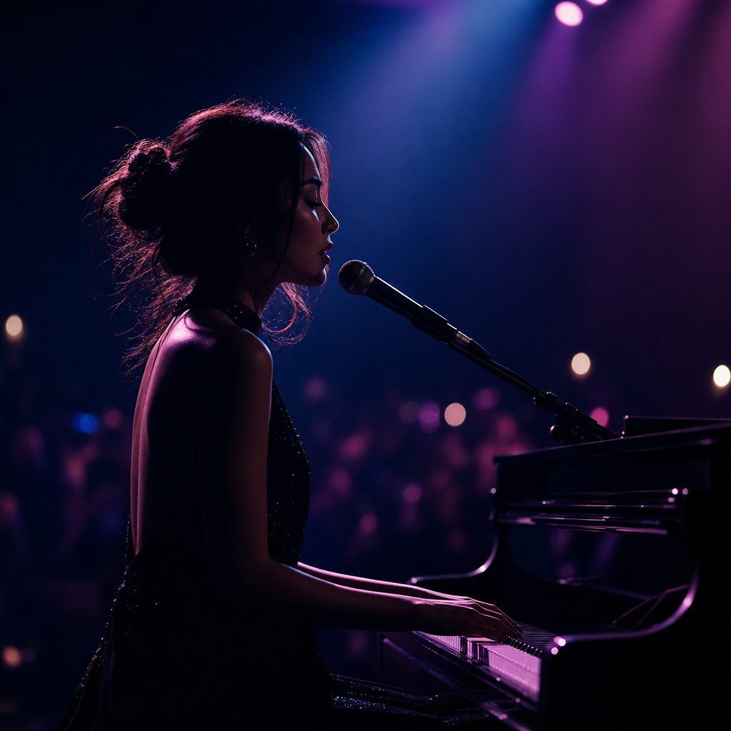 Polished near-square cover for 1.40 showing an artist silhouette under stage spotlights with midnight blue tones