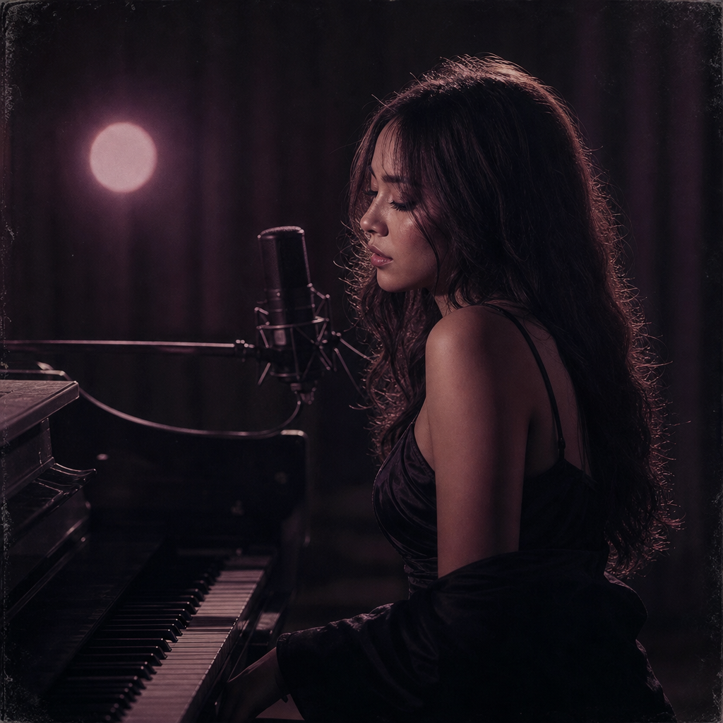 Moody square single cover for Salty featuring a young singer in deep plum lighting at a piano