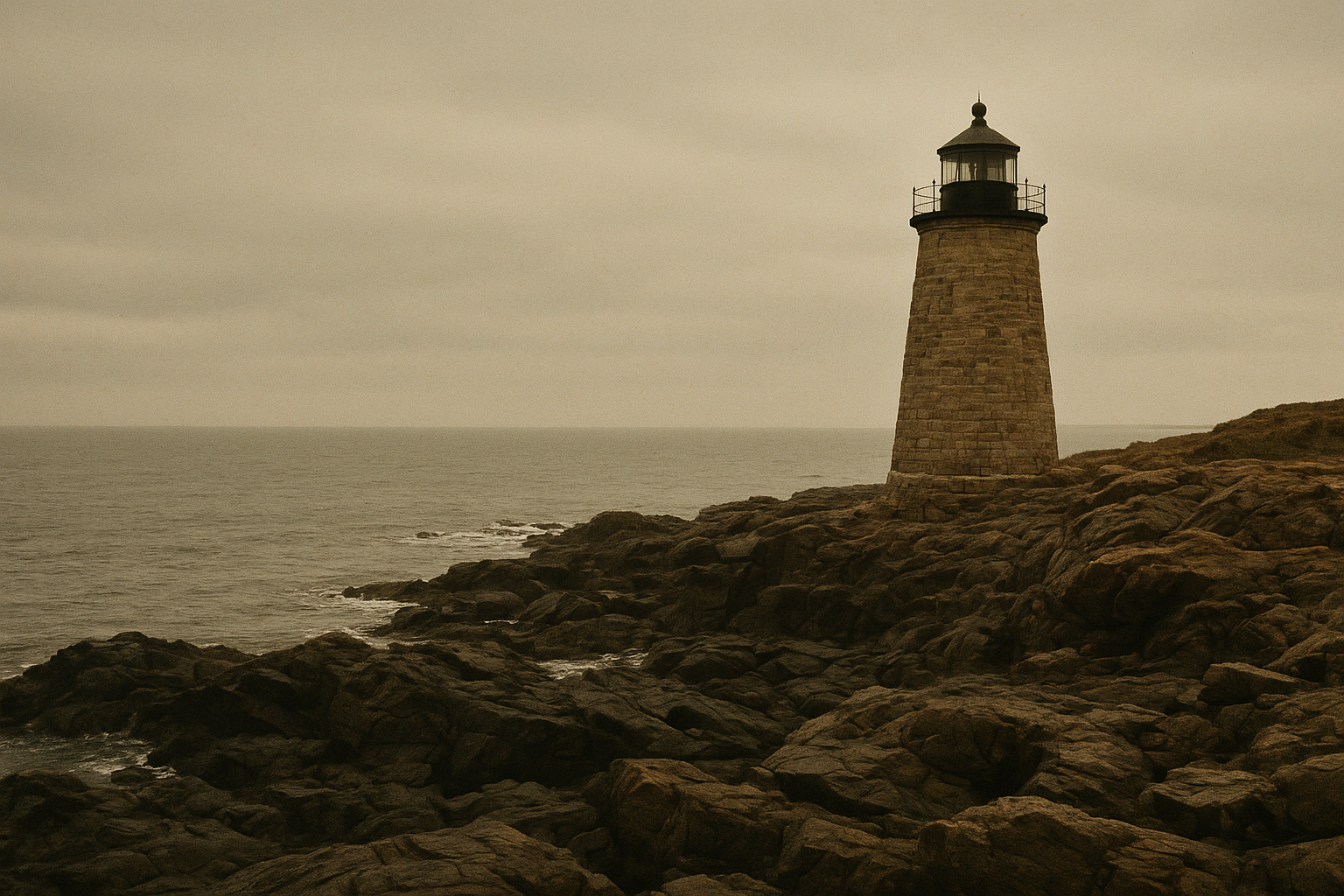 Archival-style coastal lighthouse on a rocky point under overcast sky, with weathered tower masonry and gentle sea haze