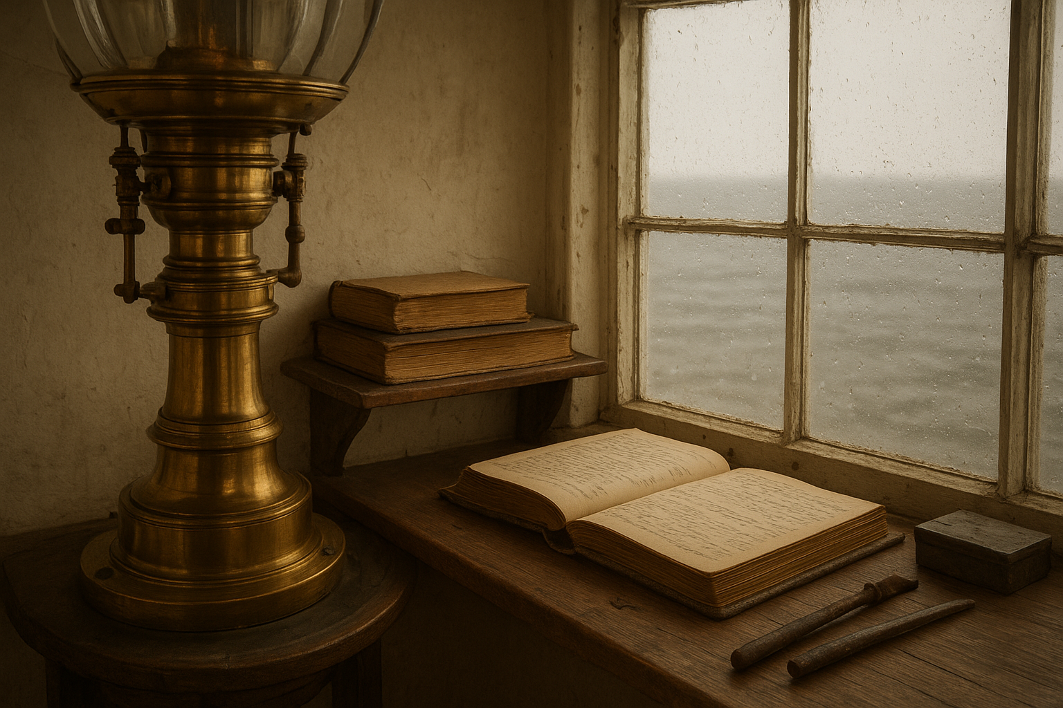 Warmly lit lighthouse lantern room interior with polished brass lamp parts, logbooks, and rain-streaked windows overlooking a gray northern sea
