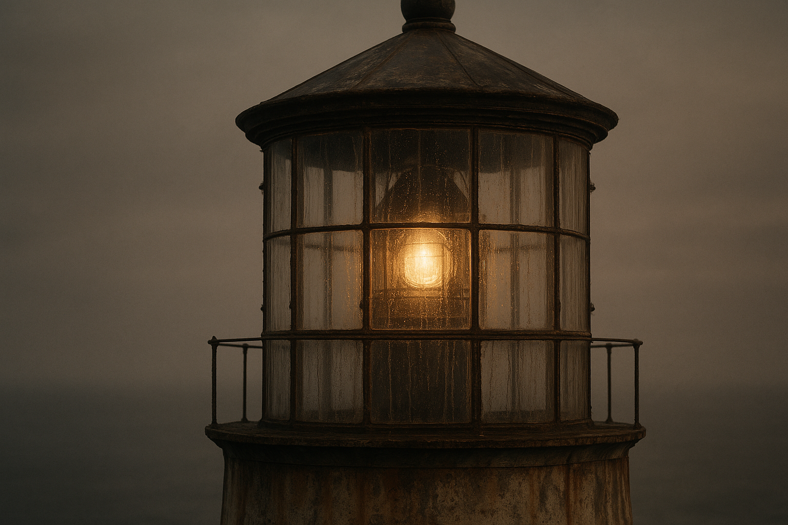 Weathered lantern room windows and metal framing above a northern coast lighthouse at dusk
