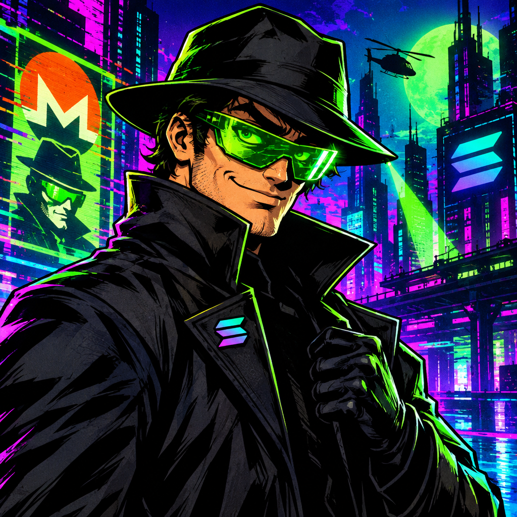 Comic-style Monero Agent character in a trench coat with neon green shades and a Solana badge