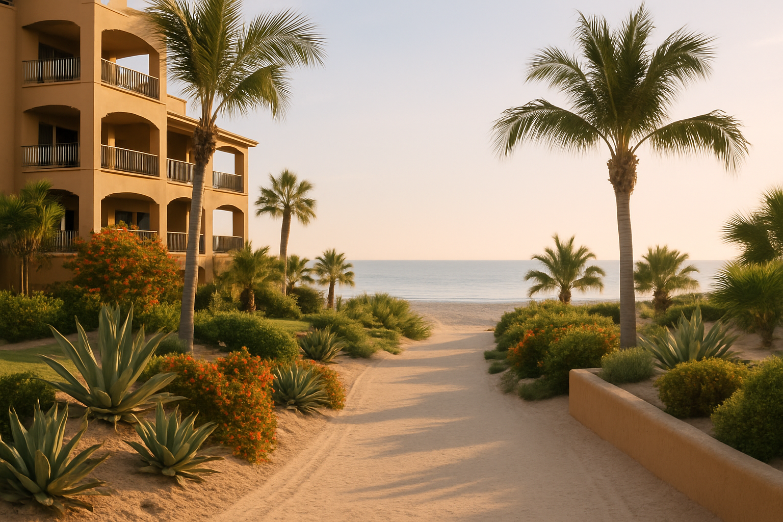 Walkway from Bella Sirena grounds to the beach in soft coastal daylight
