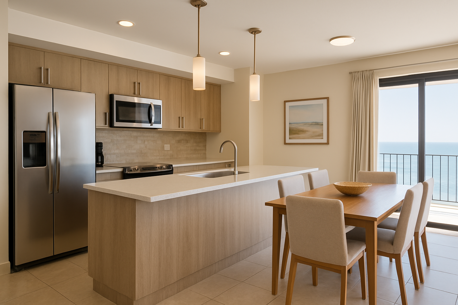 Open kitchen and dining space with modern finishes for group meals