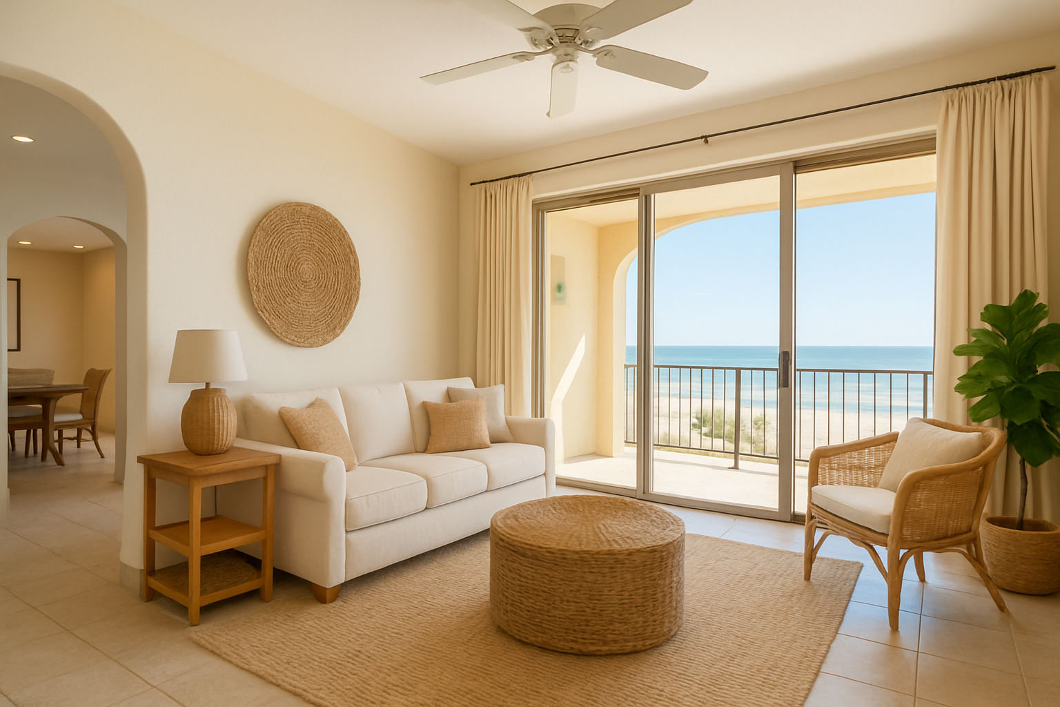 Bright Bella Sirena living room with coastal textures and open seating