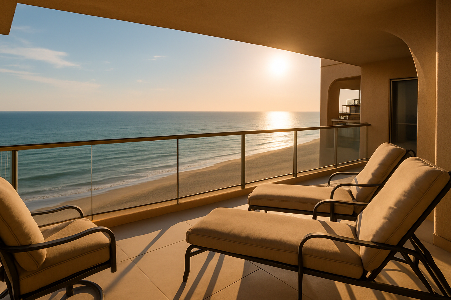 Ocean-facing Bella Sirena balcony with lounge chairs and warm sunset sky