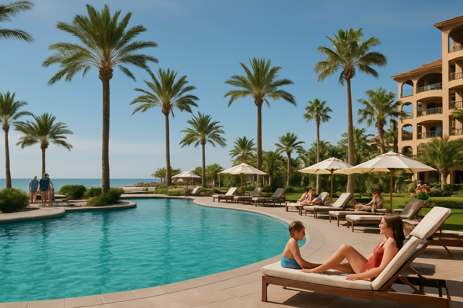 Palm-lined Bella Sirena pool deck with clear water and lounging spaces