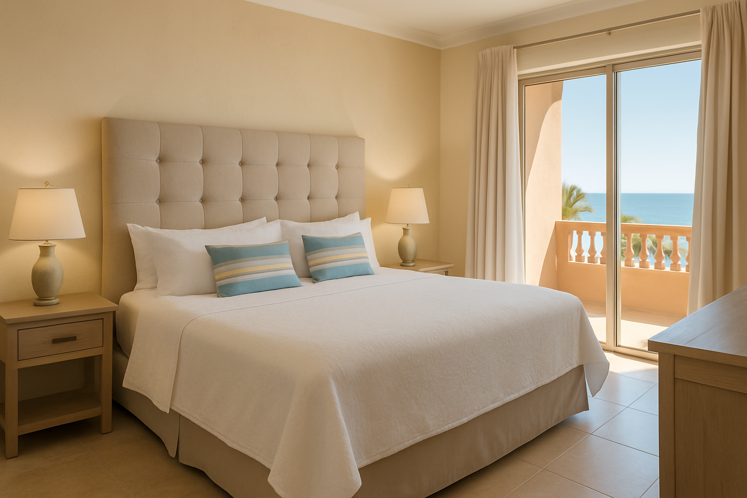 Primary king suite at Bella Sirena with neutral styling and soft morning light