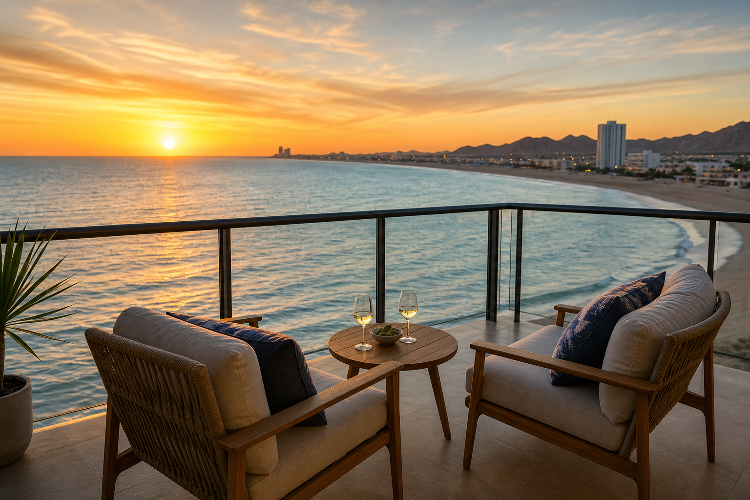 Terraza con vista al mar en Puerto Peñasco al atardecer, ambiente cálido y relajado de vacaciones