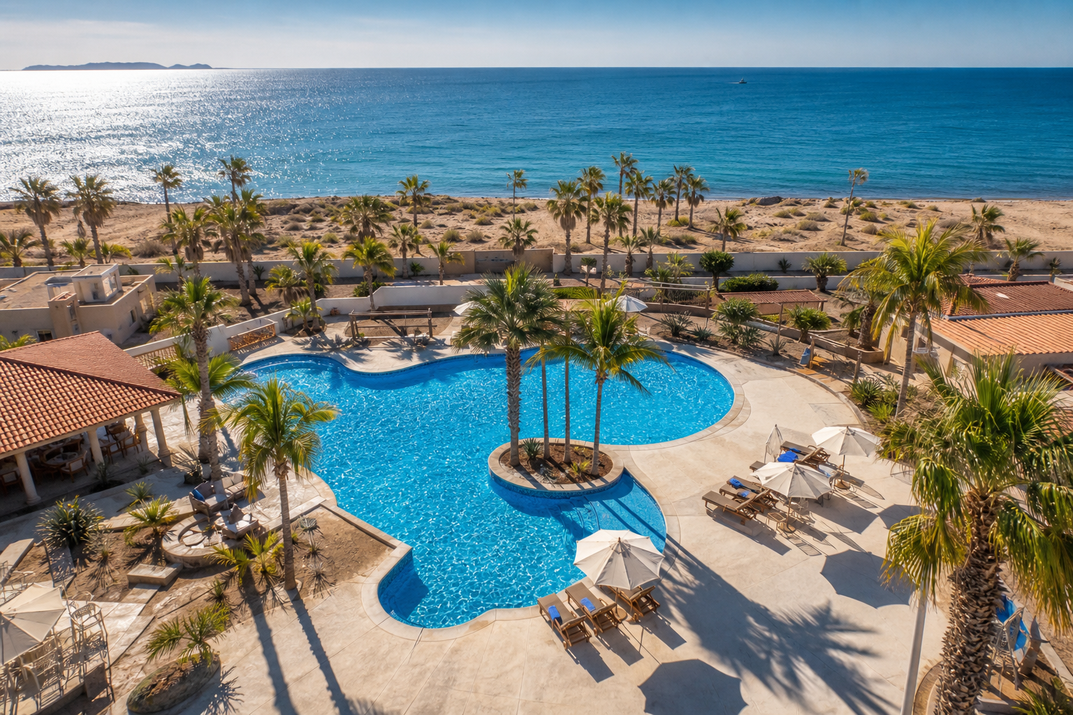 Aerial view of a pool area with loungers and palm trees
