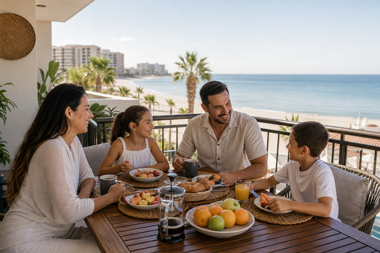 Familia desayunando en balcón con vista a la playa