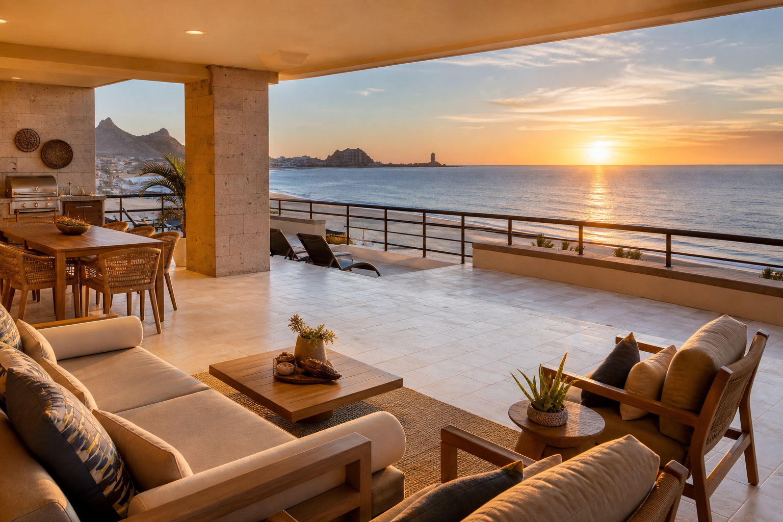 Terraza amplia frente al mar al atardecer en Puerto Peñasco