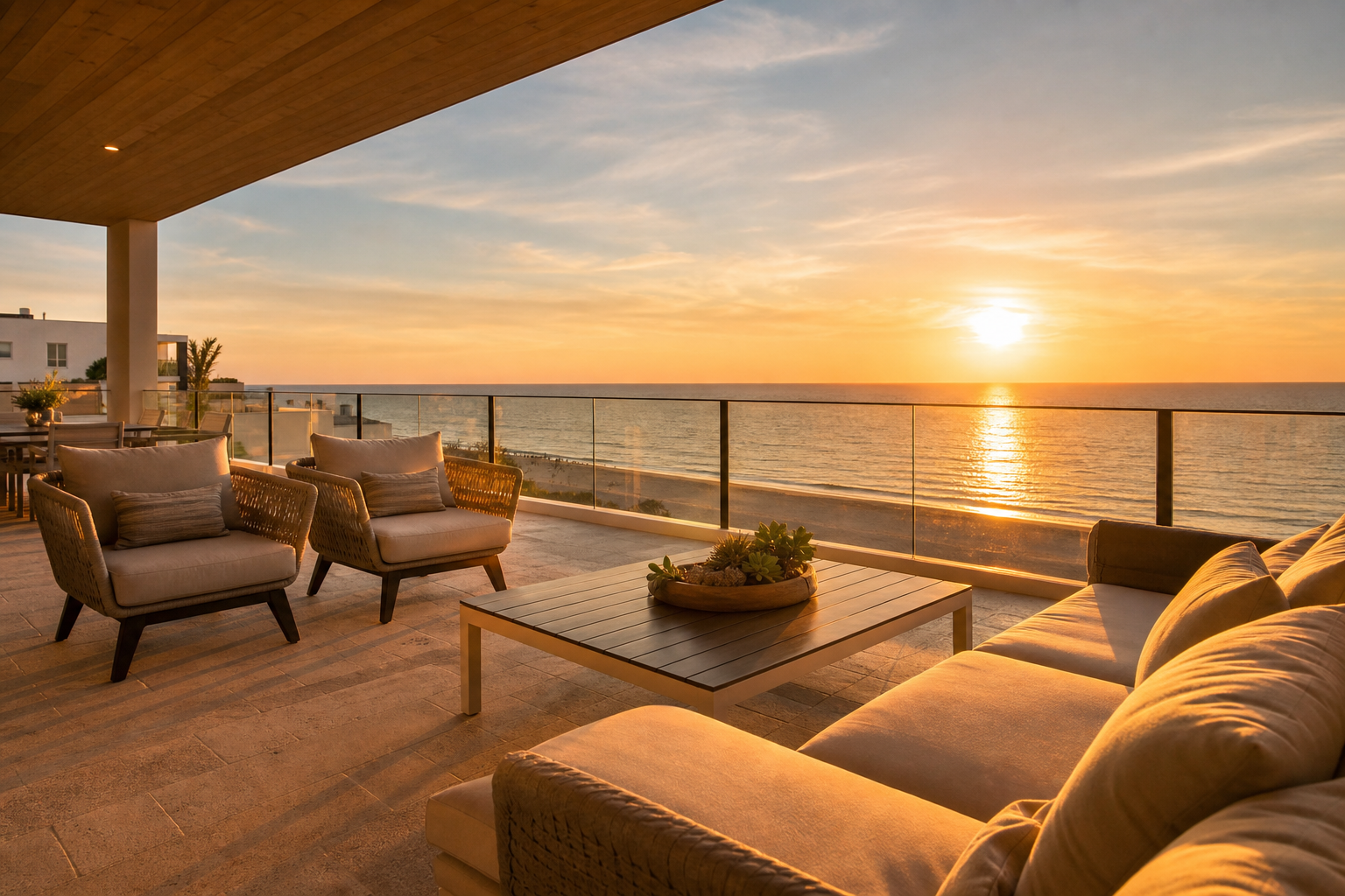 Spacious oceanfront terrace at sunset in Puerto Peñasco