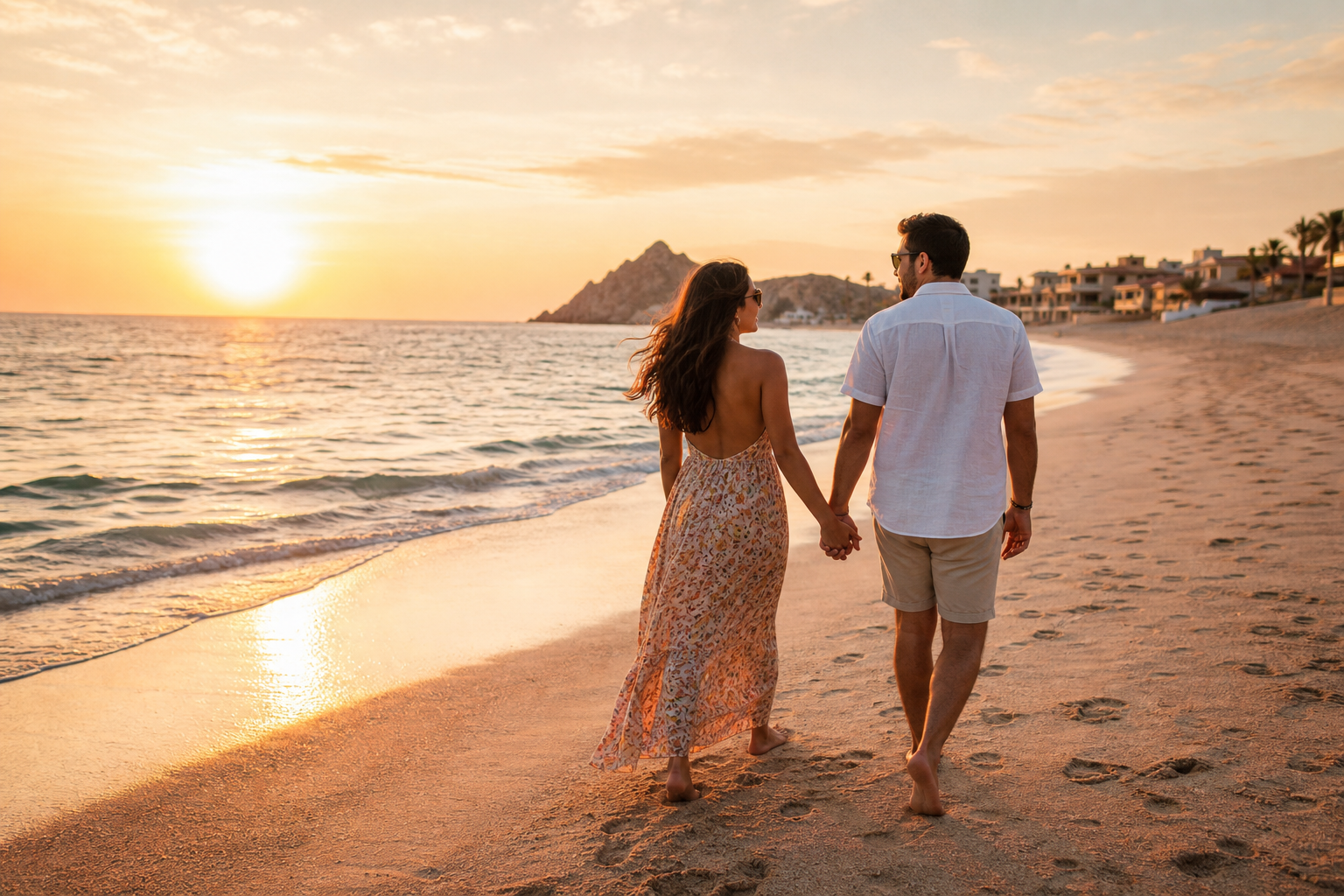 Couple walking along the shoreline in golden light