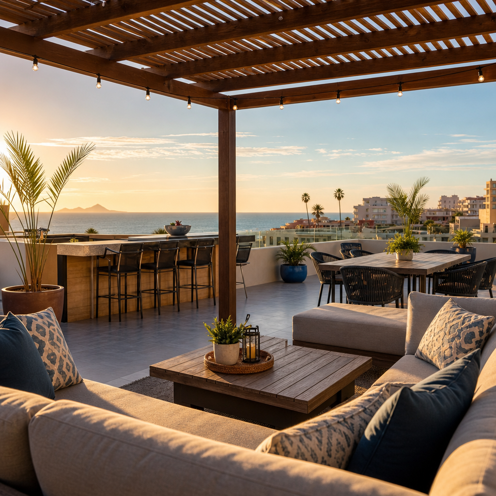 Amenidad de terraza con vista al mar y zona para relajarse al atardecer
