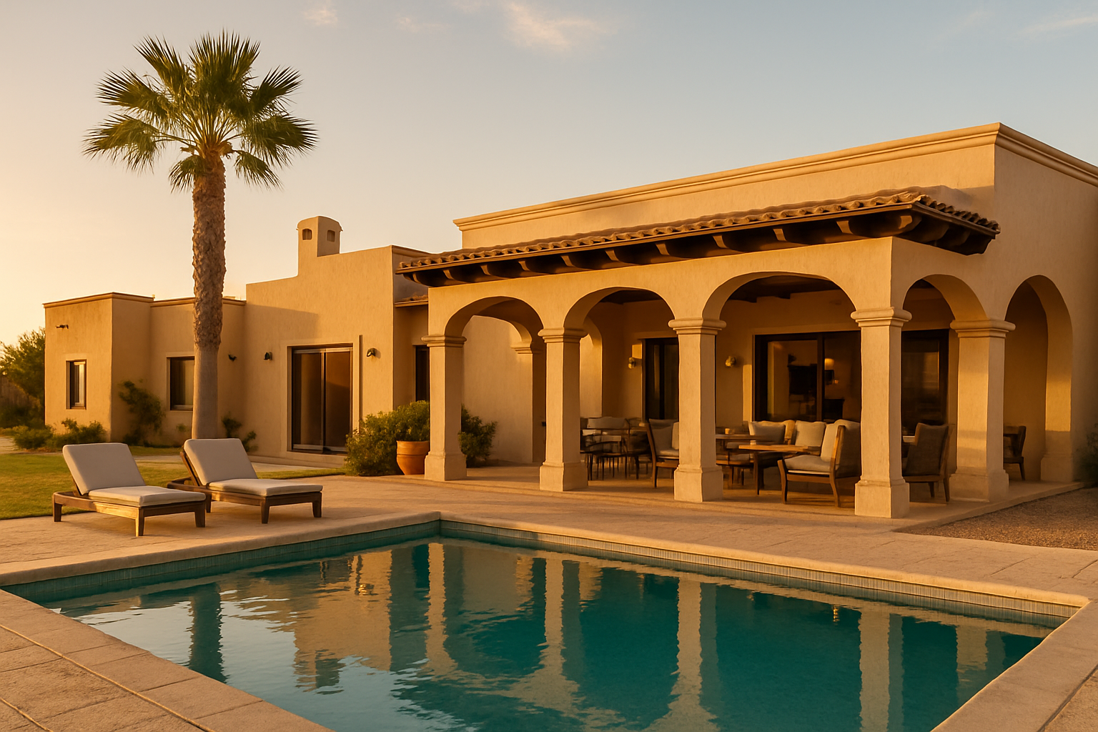 Rancho Campo Bello exterior with private pool, covered patio, and warm evening hospitality lighting