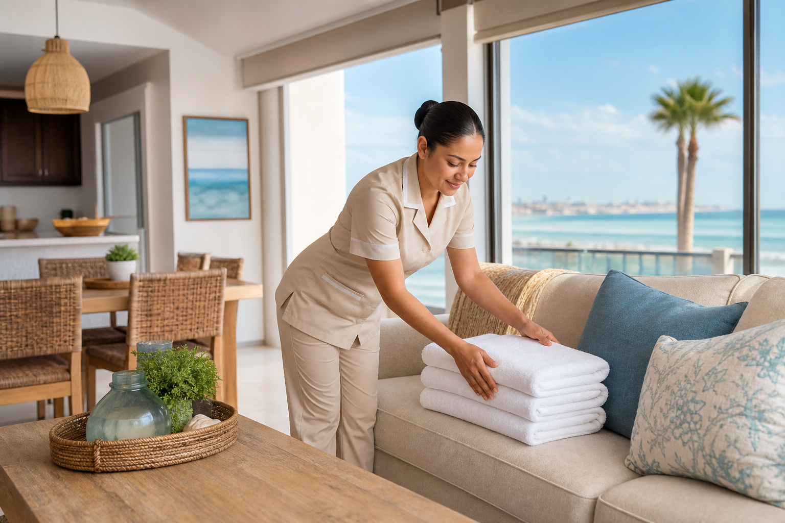 Professional housekeeper refreshing a bright beachfront rental living room with neatly folded white towels and open ocean-view windows