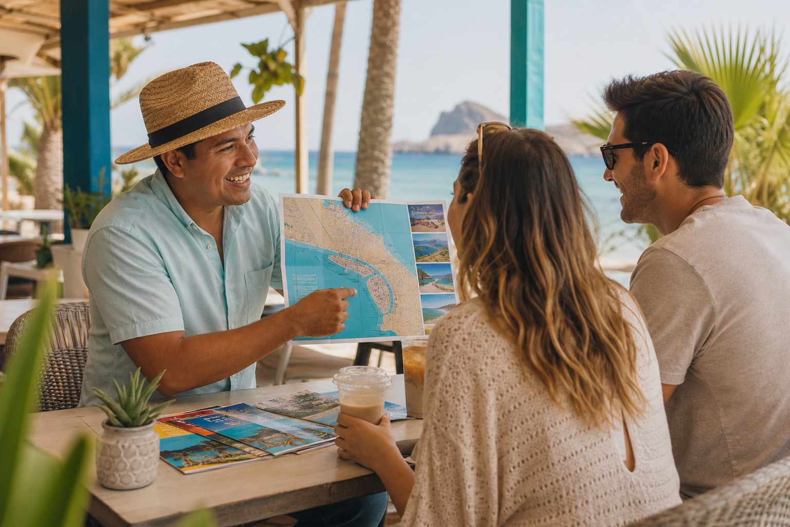 Local host sharing a printed Puerto Peñasco map with a couple at an outdoor café near the beach