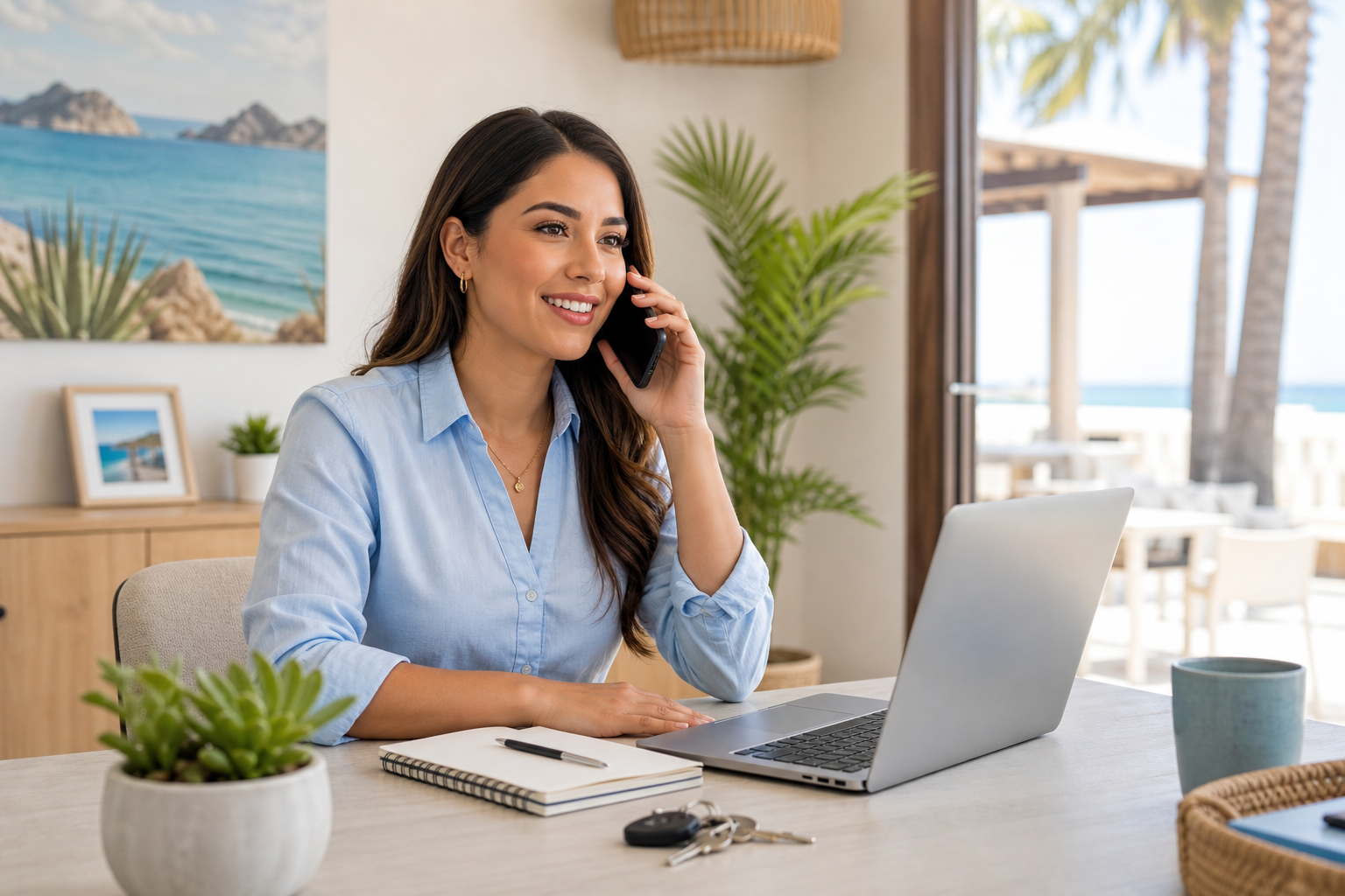 Friendly bilingual guest support agent on a phone call with a traveler beside a laptop in a modern coastal rental office