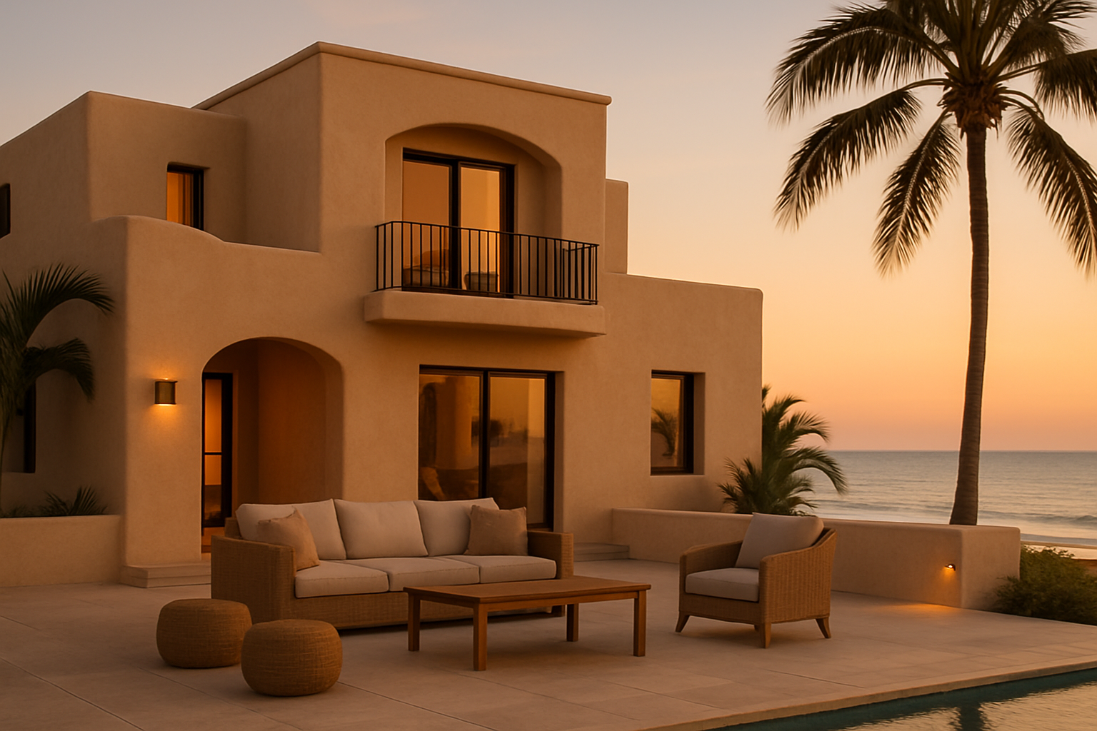 Sunset Villa exterior terrace in Puerto Peñasco at golden hour with an upscale coastal atmosphere