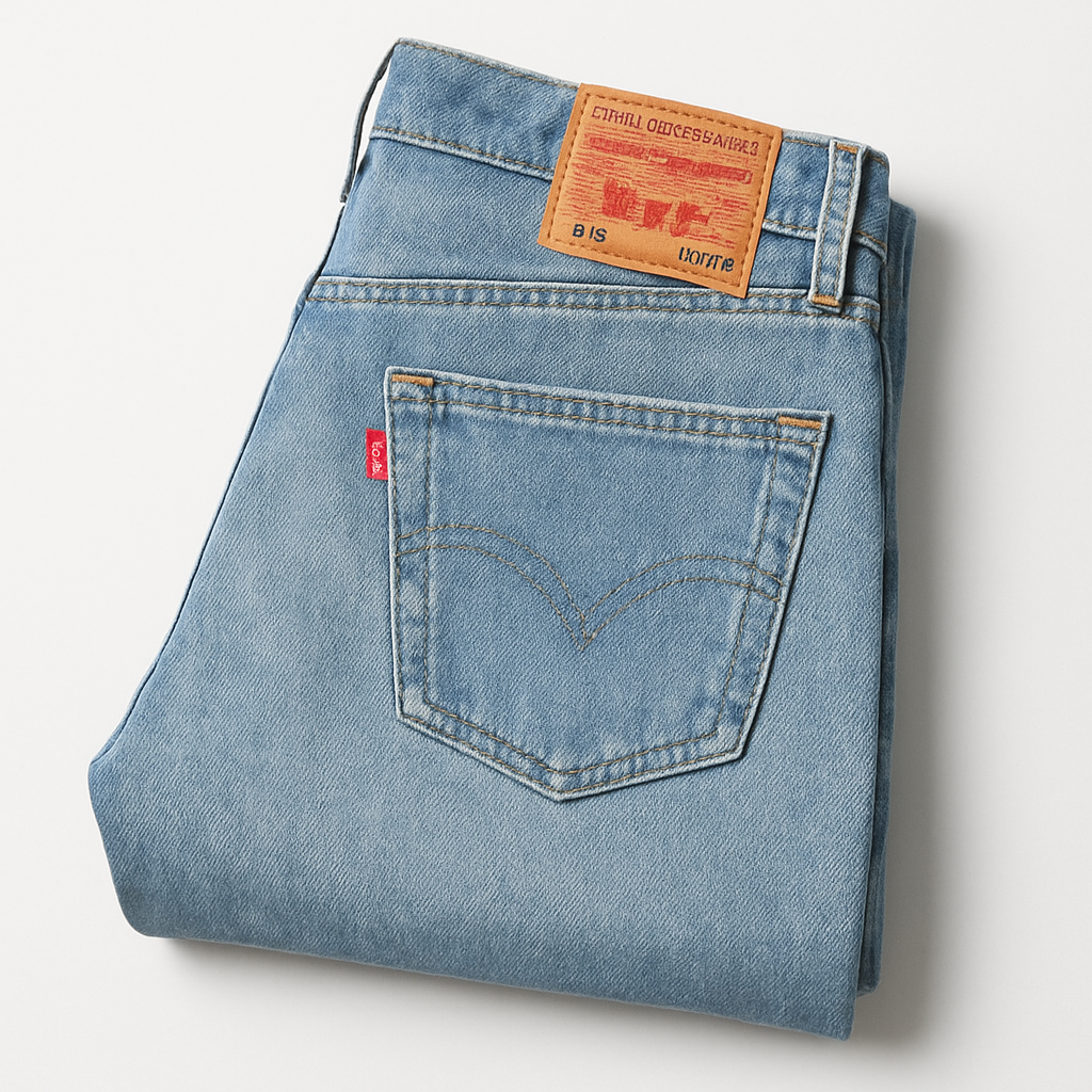 Jeans Levi's azul claro doblados sobre fondo blanco