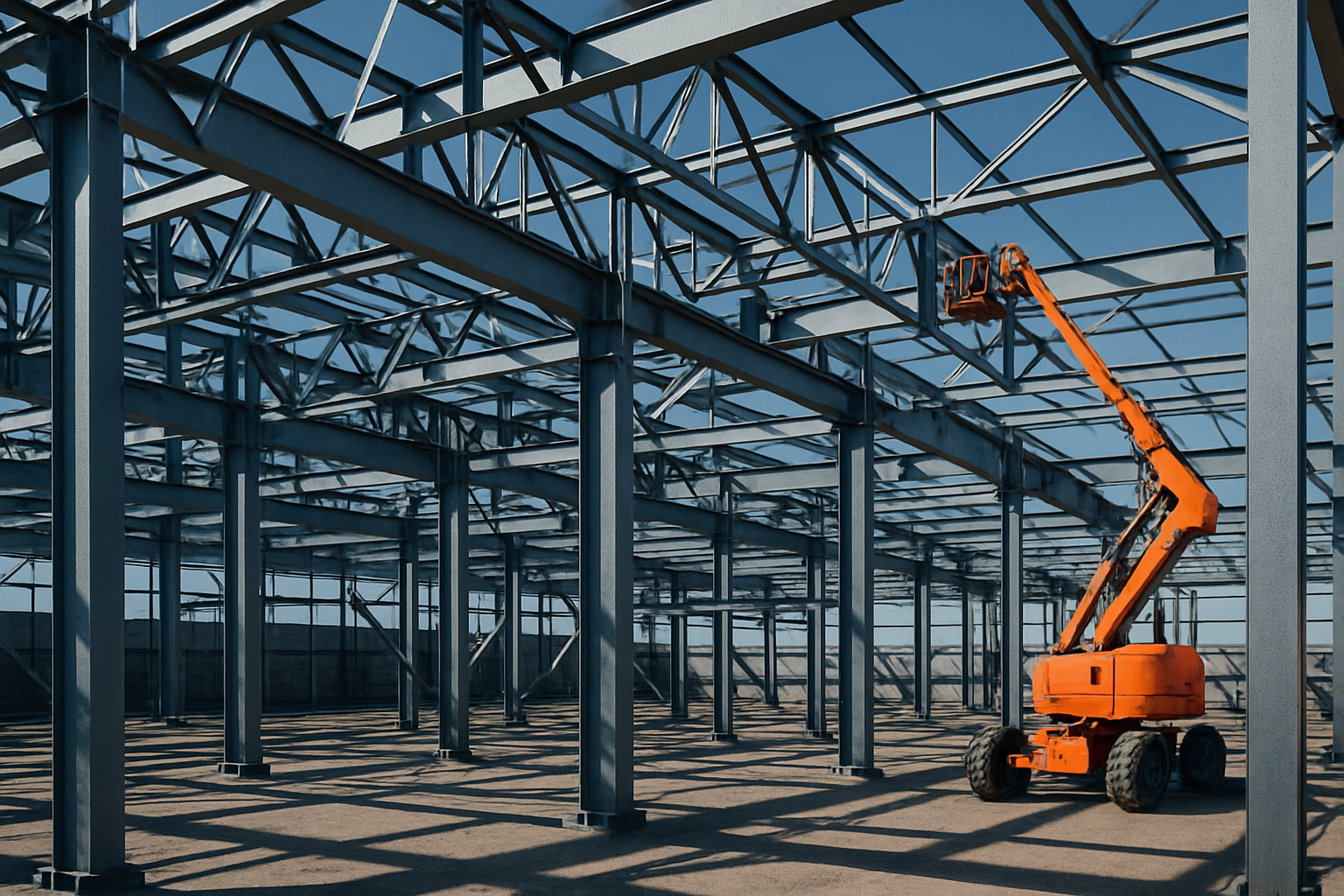 Steel frame structure under assembly