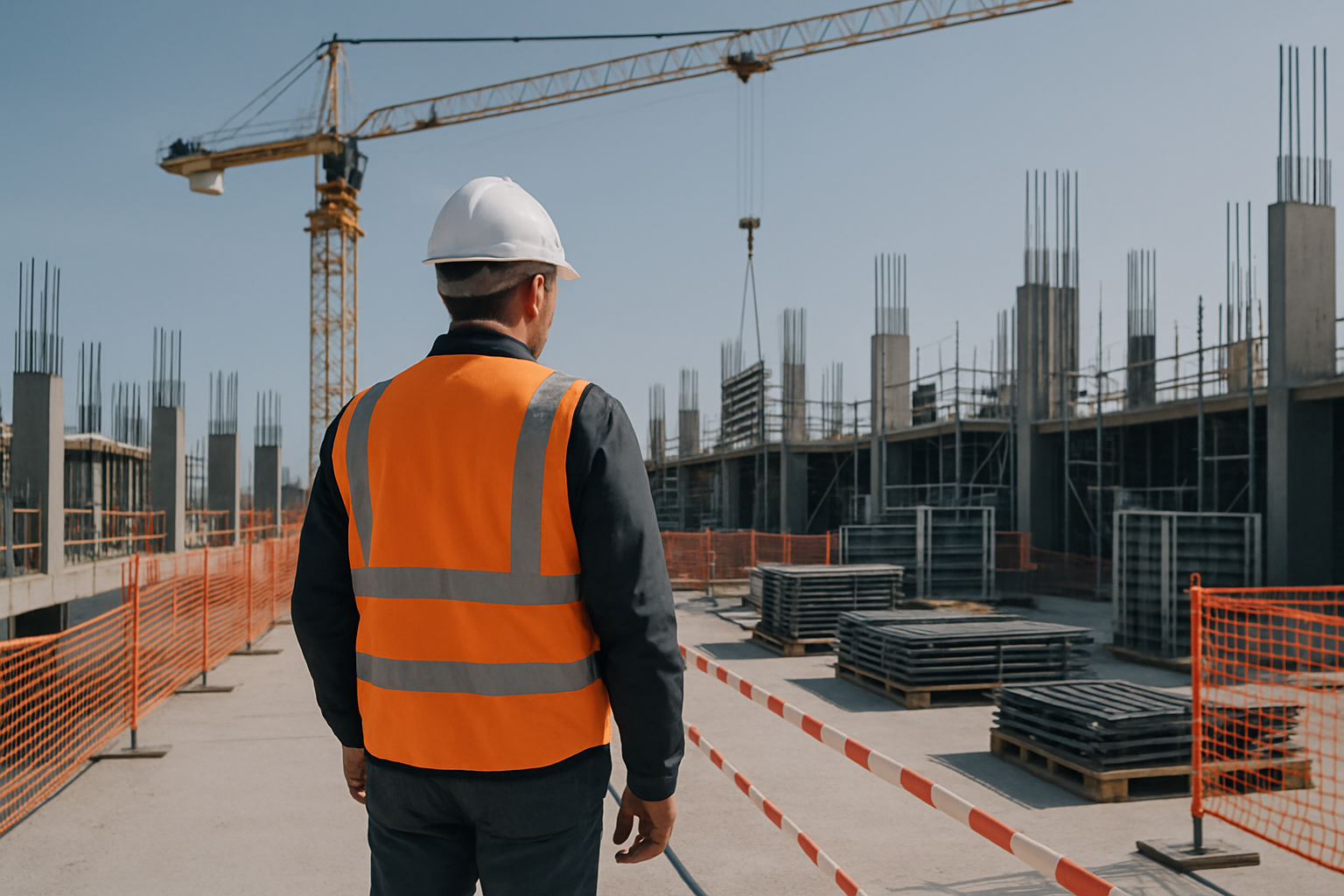 Construction site management with crane and safety lines